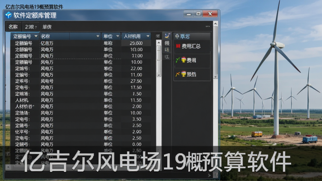 主体为软件定额库管理界面,显示定额列表、人材机价格、费用汇总等窗口,背景为风电项目现场,布局为左右分栏,排版简洁,风格为专业工具软件风格,细节包含定额编号、名称、单位、单价,画质清晰,干净无多余元素,界面中显示“亿吉尔风电场19概预算软件”字样,图片为软件功能预览图。