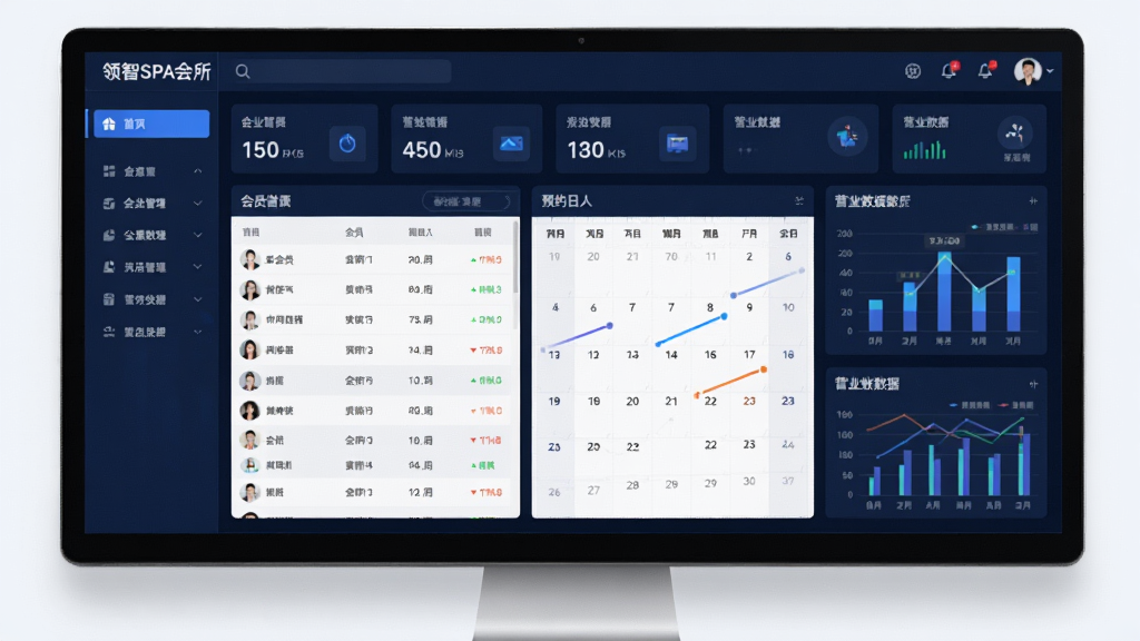 画面主体为领智SPA会所管理系统的电脑端后台界面,屏幕中清晰显示会员列表、预约日历、营业数据图表等模块;界面采用深蓝色商务风格,左侧导航栏,顶部统计卡片,整体布局规整;图片风格为科技感UI设计展示,细节清晰,画质干净,无多余元素