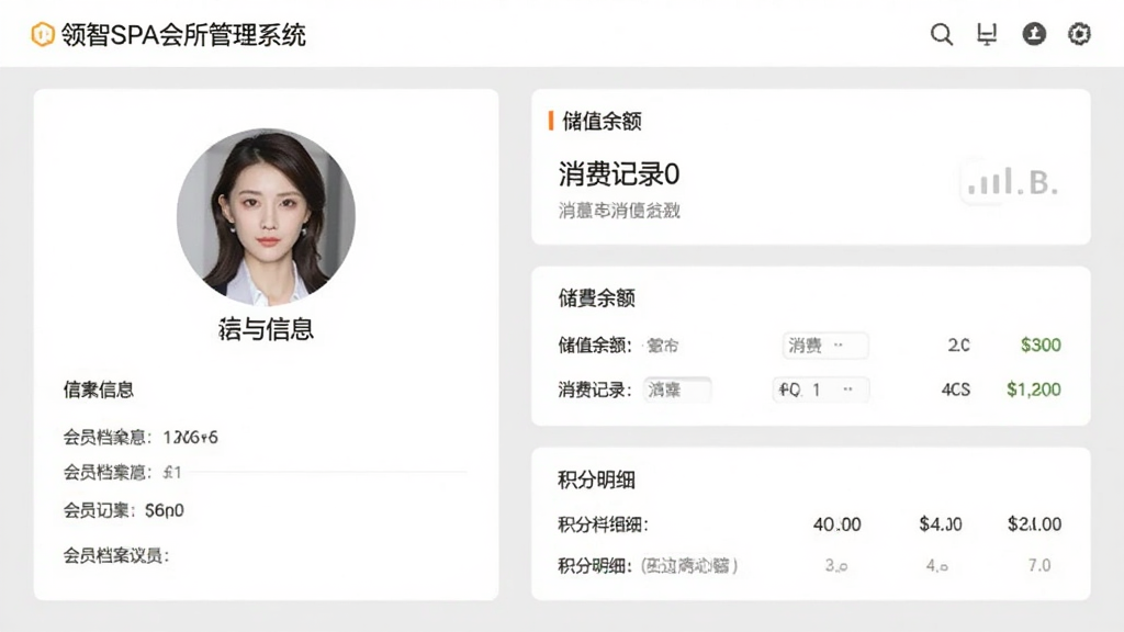 图片展示领智SPA会所管理系统中会员档案详情页,左侧会员头像与基本信息,右侧为储值余额、消费记录、积分明细等模块;界面以浅灰色为底色,卡片式布局,字体清晰;整体风格扁平化,画质干净,无多余元素