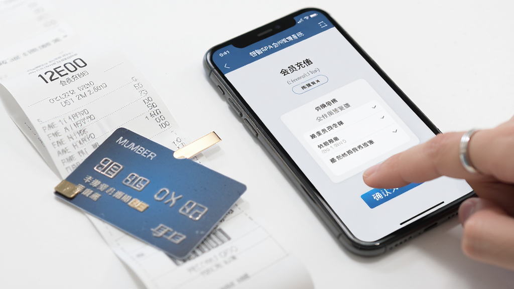 领智SPA会所管理系统在手机上的运行界面,手机屏幕上显示会员充值页面,背景为浅灰色,手指正在点击确认按钮;手机旁边放有收银小票和一张会员卡;整体风格写实,光线明亮,画质干净,无多余元素