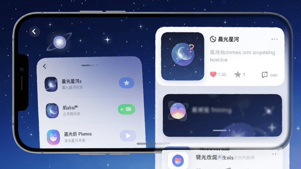 晨光星河App主界面展示,手机屏幕内呈现星河主题的聊天列表与动态卡片,背景为渐变深蓝色星空,点缀闪烁星光,界面布局清晰,图标圆润,整体风格现代简约,画质细腻干净,无多余元素