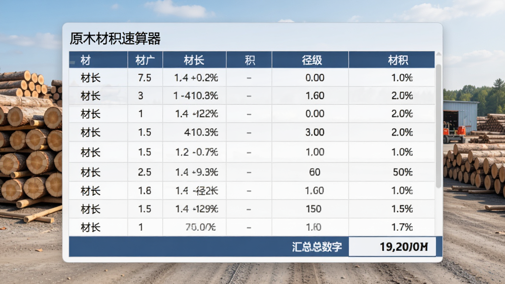 展示“原木材积速算器”批量输入列表的界面,主体为表格中多行数据,每行显示材长、径级和材积,底部有汇总总数字,背景为木材堆场,风格商务简洁,画质清晰,无多余元素