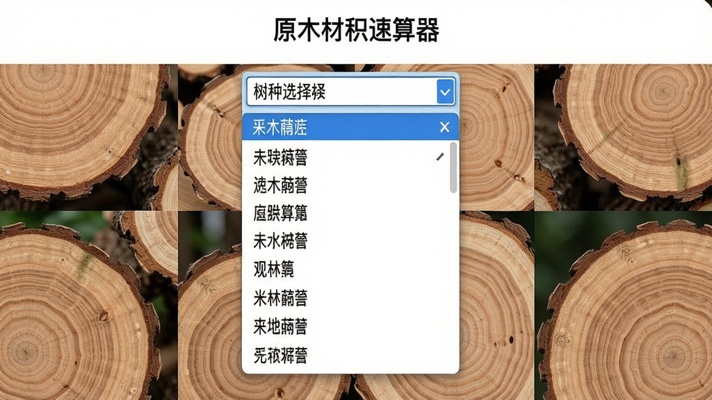 一张展示“原木材积速算器”树种选择界面的图片,主体为下拉菜单展开多种树木名称,背景为不同木材截面纹理拼贴,布局规整,风格自然清新,画质干净,无多余元素
