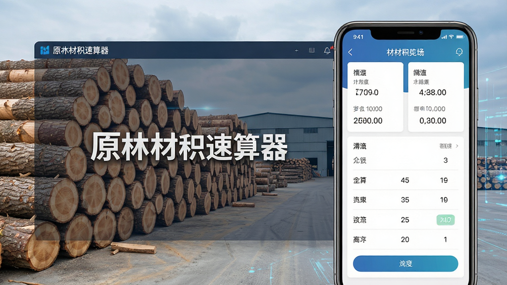 一张高清的产品主视觉图,主体为“原木材积速算器”软件界面,左侧显示原木堆场背景,右侧为手机端计算页面,界面简洁,数据清晰,整体风格商务科技感,画质干净,无多余元素