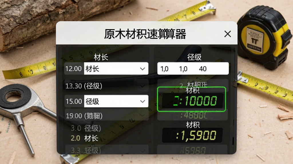 展示“原木材积速算器”计算过程的界面截图,主体为输入参数后的结果页面,包含材长、径级、材积数字高亮显示,背景为木材测量工具和卷尺,风格写实清晰,画质干净,突出数字精准