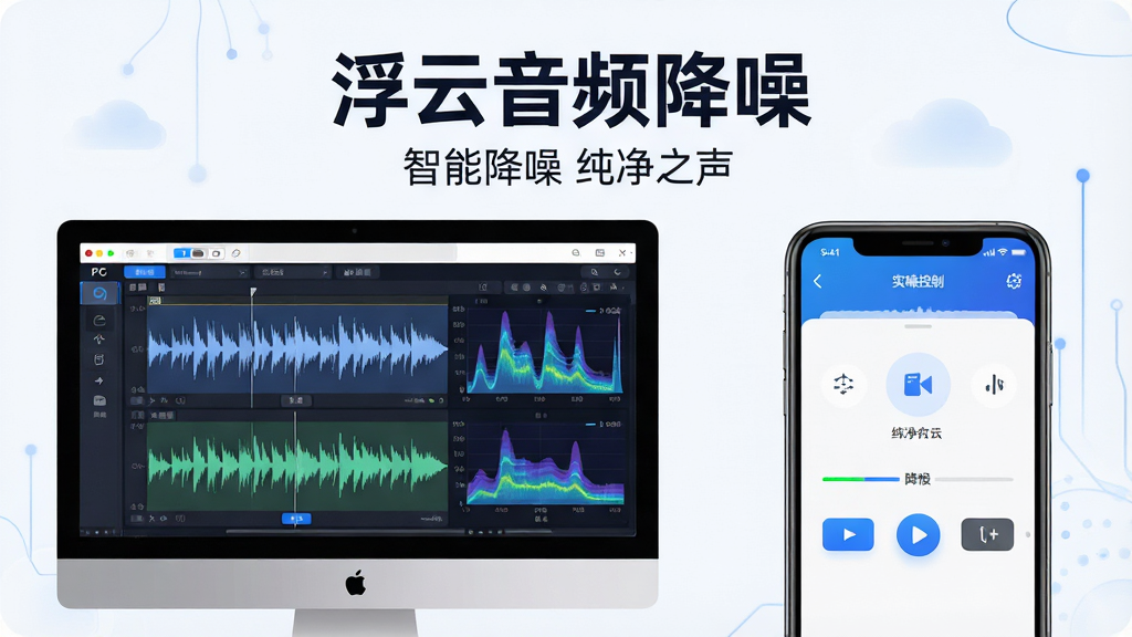 图片主体为浮云音频降噪软件在电脑与手机上的界面展示,采用左右分屏布局,左屏是PC端波形编辑界面,右屏是移动端简洁控制面板。排版上大标题“浮云音频降噪”置于画面顶部中央,副标题“智能降噪 纯净之声”位于其下。风格为现代科技感,蓝色与白色为主色调,界面元素有降噪前后的波形对比与频谱图。细节上突出清晰的操作按钮与实时降噪指示条。要求画质高清,干净无多余元素。