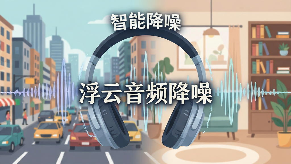生成一张浮云音频降噪功能展示图,画面主体是耳机与声波图形融合,背景是嘈杂的城市街道逐渐过渡到宁静的室内书房,暗示噪音被有效消除。布局采用中心构图,软件名称“浮云音频降噪”以艺术字形式置于声波中心。排版简洁,上方为“智能降噪”字样。风格为扁平化插画风,色彩清新淡雅。细节需体现降噪前后对比的波纹线。画质干净高清,无多余元素。