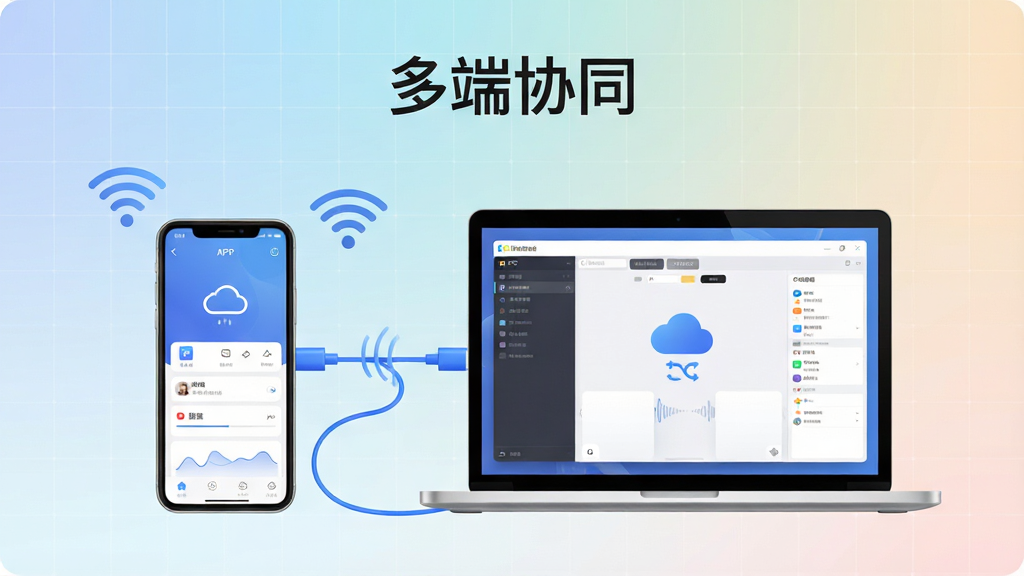 生成一张展现浮云音频降噪多设备同步使用的示意图,主体为一部手机和一台笔记本电脑并排放置。布局上,手机屏幕显示移动端APP界面,电脑屏幕显示PC端软件界面,两者通过蓝色数据线连接,寓意同步。排版简洁,上方有“多端协同”字样。风格为科技感插画,背景为柔和的渐变网格。细节需体现Wi-Fi图标和云同步符号。画质高清,干净无多余元素。
