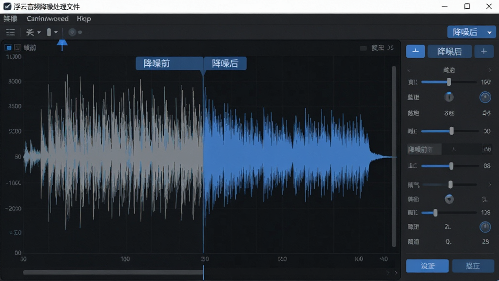 展示浮云音频降噪处理音频文件的界面截图,主体为软件操作窗口。布局为典型音频编辑软件布局,中央是波形图,右侧是参数调节面板。排版上,顶部菜单栏清晰,波形图上叠加“降噪前”与“降噪后”的对比标签。风格为现代简约的深色主题UI,搭配蓝色高亮。细节上,波形图从杂乱变得平滑,并标注有功能按钮。画质清晰,界面干净无多余元素。