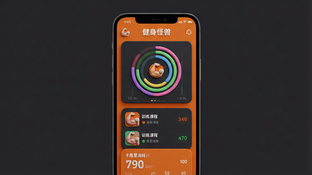 一张现代简约风格的3D渲染图,主体是智能手机屏幕展示“健身怪兽”App主界面,界面包含彩色环形运动数据图表、训练课程列表和卡路里消耗统计。布局采用手机居中构图,屏幕内容清晰可见。排版干净,主色调为活力橙色与深灰背景搭配。细节上突出肌肉线条图标和“健身怪兽”字样,画质高清,干净无多余元素。