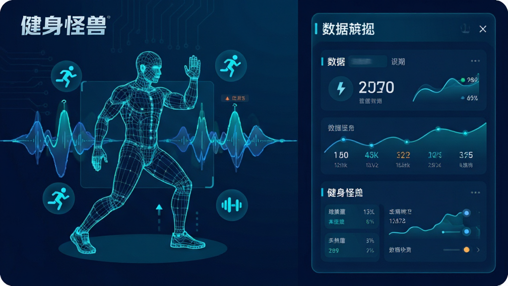 展示“健身怪兽”App智能识别功能的预览图,主体为一个人体动作轮廓线框,周围环绕着动态数据波纹和运动图标。布局采用分屏设计,左侧是动作识别动画,右侧是数据面板。排版现代,风格科技感强,以深蓝色和青色为主色调。细节处显示“健身怪兽”应用Logo,画质锐利,背景干净,无多余元素。