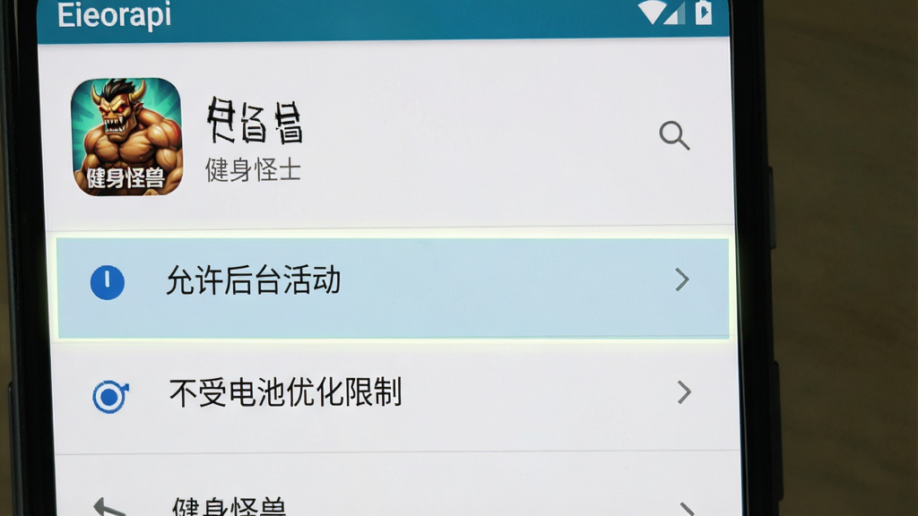 一张“健身怪兽”App在手机后台运行管理的设置界面截图,主体是手机设置页面,显示应用权限管理列表。布局清晰,风格为原生安卓系统界面风格。细节上高亮显示“允许后台活动”和“不受电池优化限制”两个选项,并附有“健身怪兽”应用图标,画质干净,无多余元素。