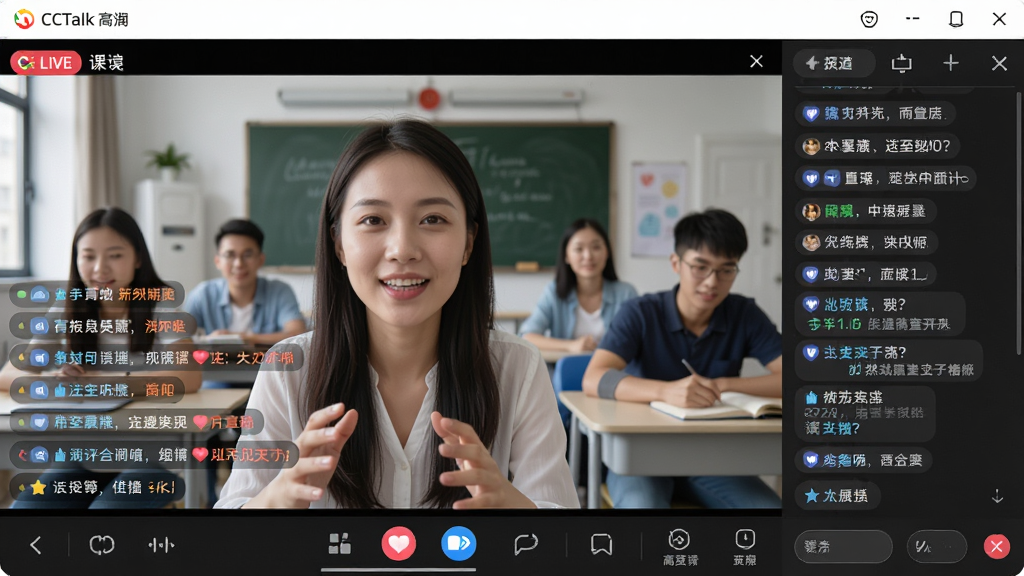 一张展示CCTalk高清直播界面的图片,主体为正在进行的在线课堂,布局包含主视频区、底部功能栏与右侧聊天面板,排版规整,风格写实,细节中呈现清晰的人物画面与流畅的弹幕互动,画质锐利干净,无多余元素
