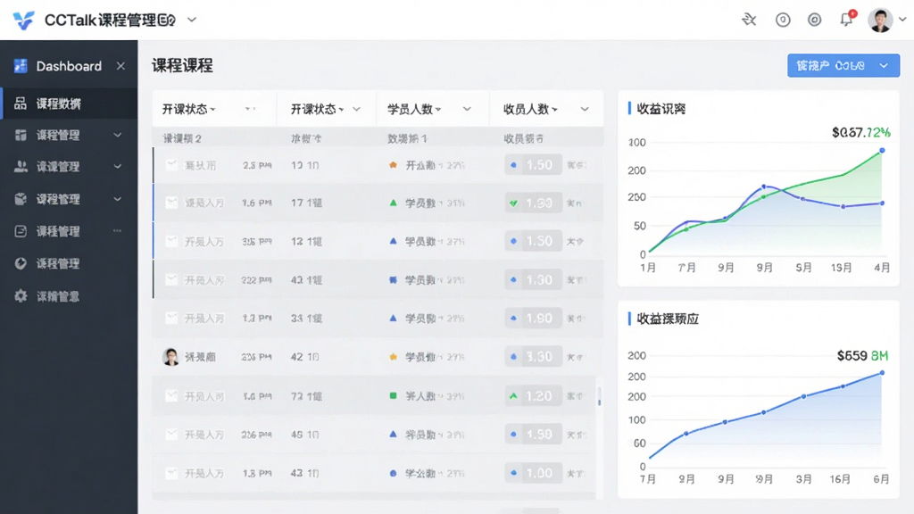 一幅展示CCTalk课程管理后台的截图风格图片,主体为课程列表与数据图表,布局采用仪表盘式设计,排版清晰,风格商务,细节包含开课状态、学员人数与收益曲线,画质干净,无多余元素