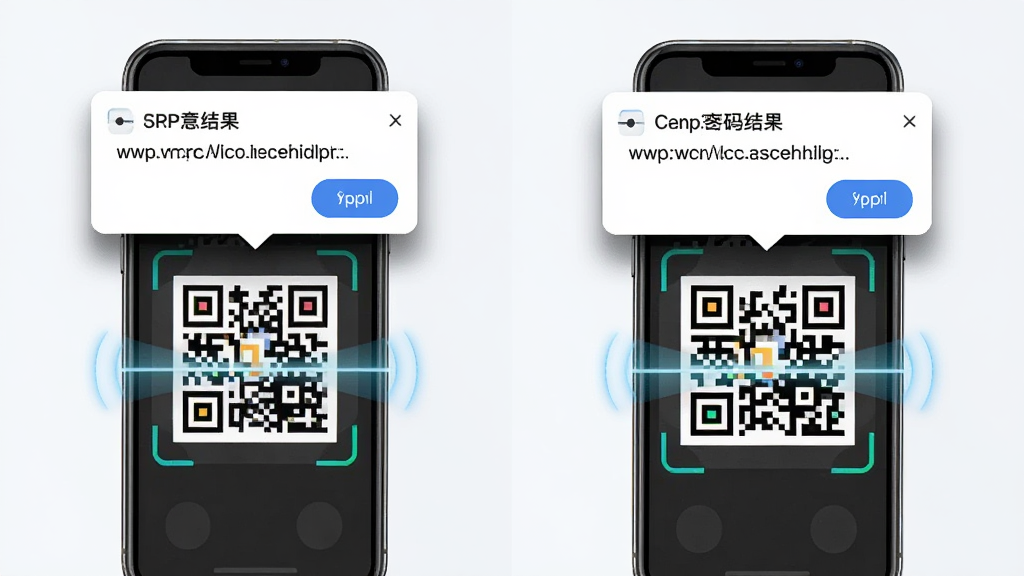 微码扫扫二维码APP功能预览图,展示手机扫描一个彩色二维码,屏幕上方弹出识别结果卡片,卡片上有网址链接和复制按钮,主体为手机与二维码,布局采用左右分割构图,排版有层次感,风格扁平化插画结合写实手机模型,细节包括卡片阴影和扫描动画,画质清晰干净,无多余元素