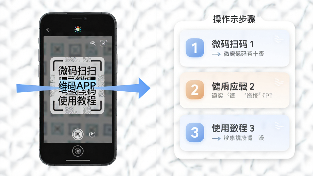 微码扫扫二维码APP使用教程示意图,画面分为左右两部分,左边是手机扫码界面,右边是操作步骤的文字说明卡片,主体为手机与说明卡片,布局为左右排版,风格简洁明了,细节包括箭头指示和步骤序号,画质干净清晰,无多余元素