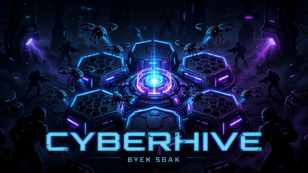 CyberHive蜂巢游戏主视觉图,赛博朋克风格,暗色背景中闪耀霓虹蓝紫光芒的蜂巢状防御基地,中心有发光核心,多架小型无人机环绕飞行,四周有入侵者剪影,画面充满科技感与紧迫感,布局饱满,色彩对比强烈,高细节,游戏宣传海报风格,干净无多余元素