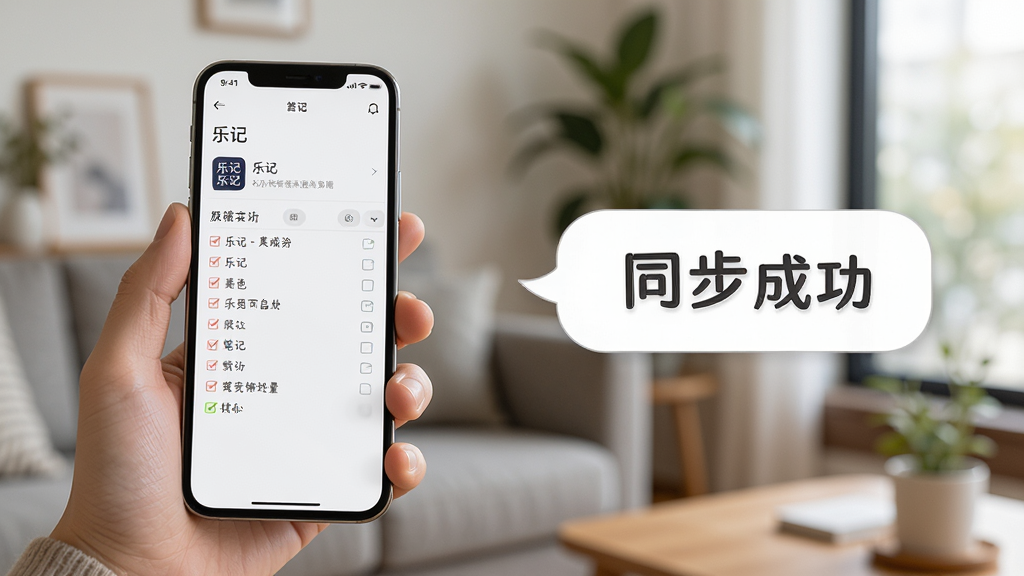 主体:一个人手持手机,屏幕显示“乐记”的笔记列表。布局:人物在左侧,右侧有文字气泡说明。排版:气泡上写有“同步成功”。风格:生活化,背景为室内。细节:手机上有“乐记”图标。画质:高清,干净,无多余元素