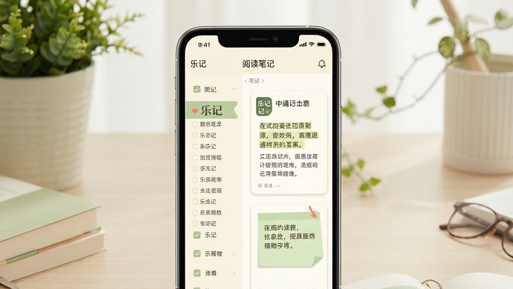 主体:手机界面展示“乐记”App的阅读笔记功能,屏幕上有高亮文字和便签。布局:手机居中,背景为淡雅的书桌和绿植。排版:界面清晰,左侧为书籍目录,右侧为笔记区。风格:扁平化设计,色调以米白和淡绿色为主,整体温馨。细节:笔记卡片上有“乐记”logo,文字清晰可读。画质:高清渲染,干净,无多余元素