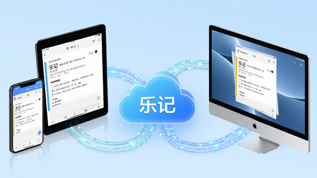 主体:三部不同设备(手机、平板、电脑)围绕一个云图标,显示“乐记”数据同步。布局:设备呈弧形排列,云图标居中。排版:设备屏幕上有相同的笔记界面。风格:科技感,背景为浅蓝色渐变。细节:连接线为发光线条,数据流动效果。画质:高清,干净,无多余元素
