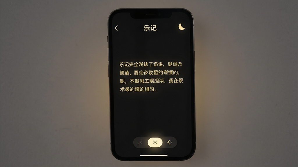 主体:手机全屏显示“乐记”阅读界面,背景为深色夜间模式。布局:屏幕中央显示文字,底部有微光翻页按钮。排版:字体清晰,行距舒适。风格:暗色主题,柔和的暖光。细节:右上角有月亮图标,文字为淡黄色。画质:高清,干净,无多余元素