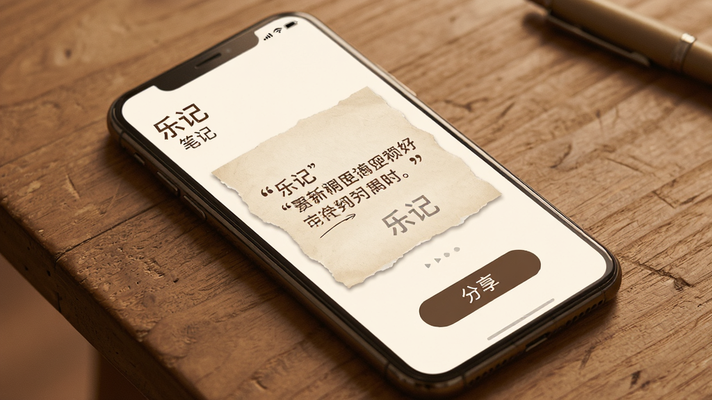 主体:手机界面展示“乐记”的笔记分享卡片,卡片上有引用文字。布局:手机斜放,背景为木桌。排版:卡片上有“乐记”水印,下方有分享按钮。风格:文艺复古风,暖色调。细节:卡片边缘有撕纸效果。画质:高清,干净,无多余元素
