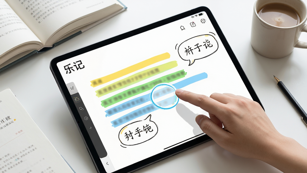 主体:平板电脑展示“乐记”的标注界面,手指滑动选中文字。布局:平板斜放,周围散落几本书和咖啡杯。排版:屏幕上有彩色高亮条和批注气泡。风格:现代简约,带一点手绘风。细节:高亮颜色有黄、绿、蓝,批注字体为楷体。画质:细腻,干净,无多余元素