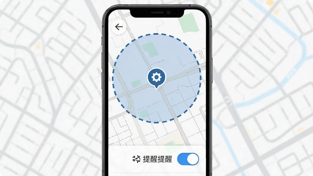 电话定位电子围栏设置界面,手机屏幕显示地图上有一个圆形虚拟围栏区域,区域边缘有虚线边框,中心有设置图标,界面底部有提醒开关按钮,整体风格简洁,图标清晰,画质高清,干净无多余元素