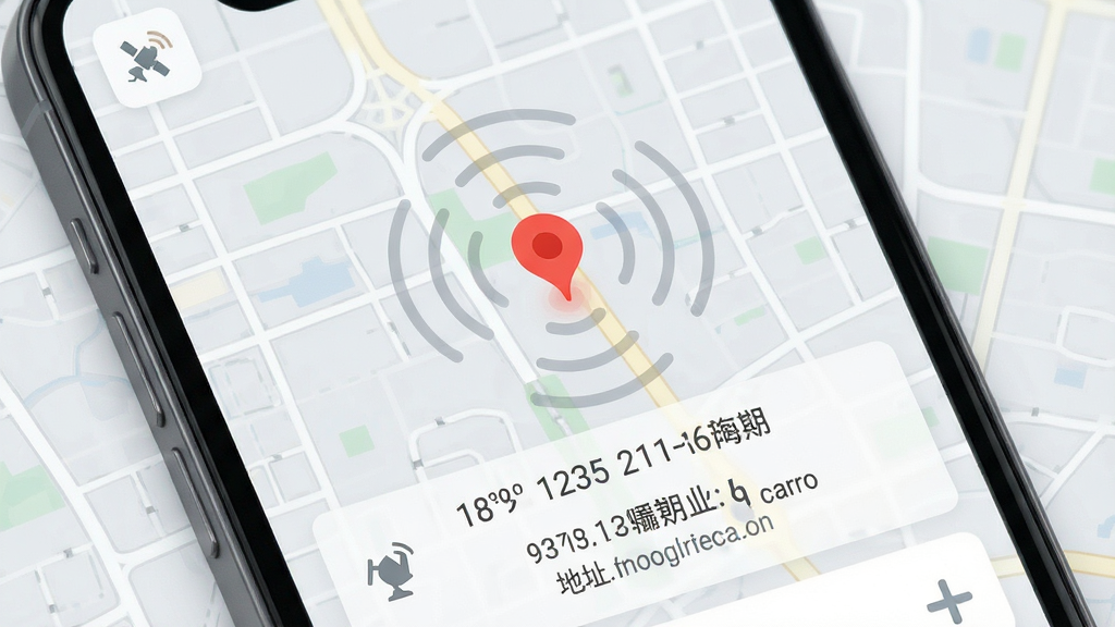 电话定位实时位置查询界面,手机屏幕显示地图上有一个红色定位点,周围有卫星信号波纹,下方显示经纬度坐标和地址信息,界面清晰,图标现代,画质高清,背景为淡灰色地图网格,干净无多余元素