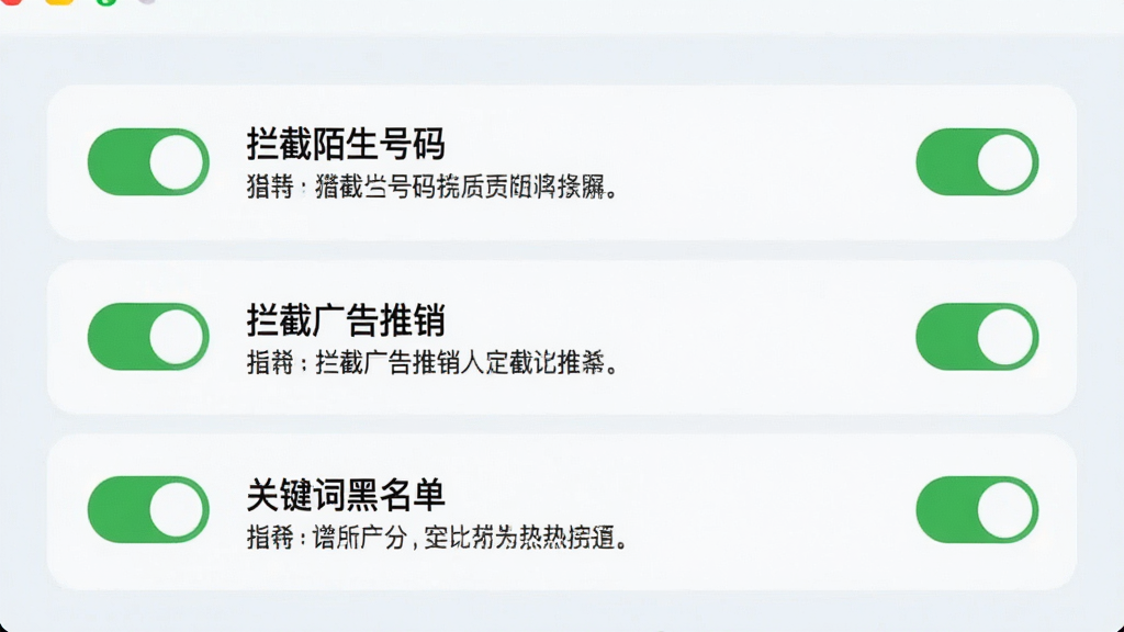 猎鹰拦截软件的自定义拦截规则设置界面,屏幕上有多个开关选项,如“拦截陌生号码”、“拦截广告推销”、“关键词黑名单”等,界面简洁,每个选项旁有说明文字,背景为浅色,整体风格清爽,画质高清,干净无多余元素