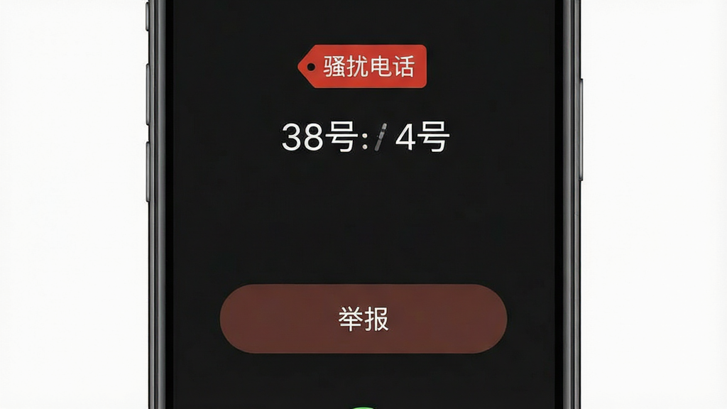 猎鹰拦截软件显示来电标记信息的预览图,手机屏幕上显示一个来电界面,号码上方有红色标签“骚扰电话”,下方有“举报”按钮,背景为深色,整体风格醒目,画质清晰,干净无多余元素