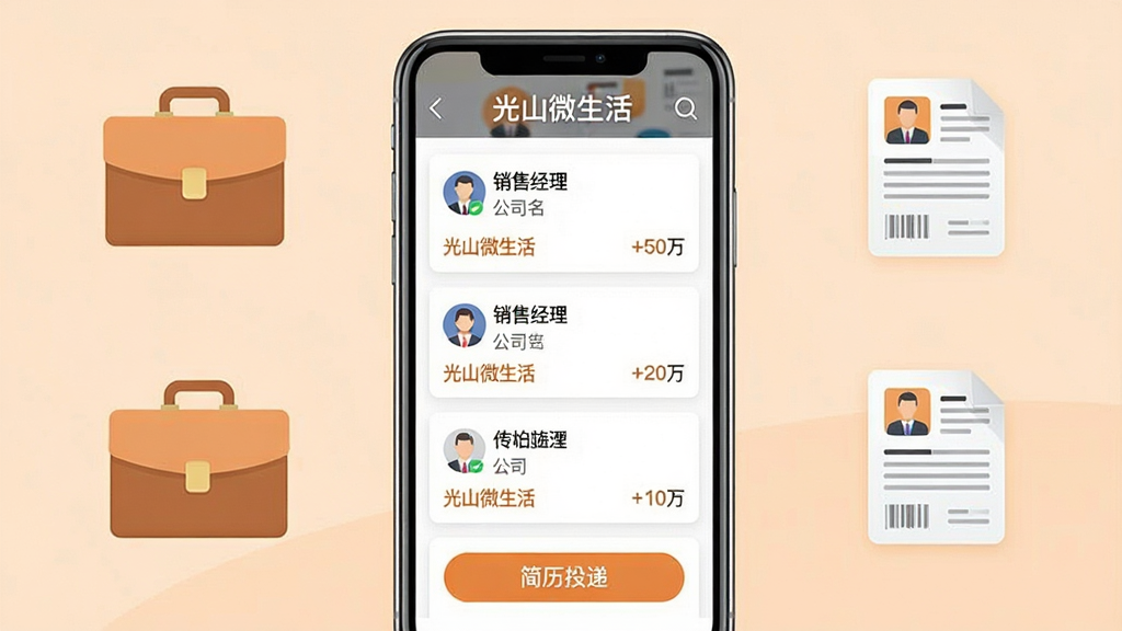 主体:手机屏幕展示“光山微生活”招聘页面,显示职位列表和简历投递按钮。布局:手机竖放,背景为淡橙色,搭配公文包、简历图标。排版:职位卡片式排列,有公司名称和薪资。风格:商务简约,色调明快。细节:屏幕上方有“光山微生活”字样,职位名称如“销售经理”。画质:干净,无多余元素。