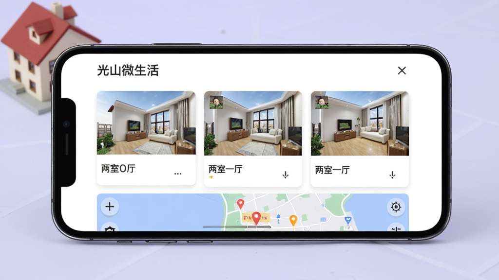 主体:手机屏幕展示“光山微生活”房产页面,显示房源列表和地图。布局:手机横放,背景为淡紫色,搭配房屋模型。排版:房源卡片有图片和价格,地图在下方。风格:现代简约,色彩柔和。细节:屏幕显示“光山微生活”字样,房源标注“两室一厅”。画质:干净,无多余元素。