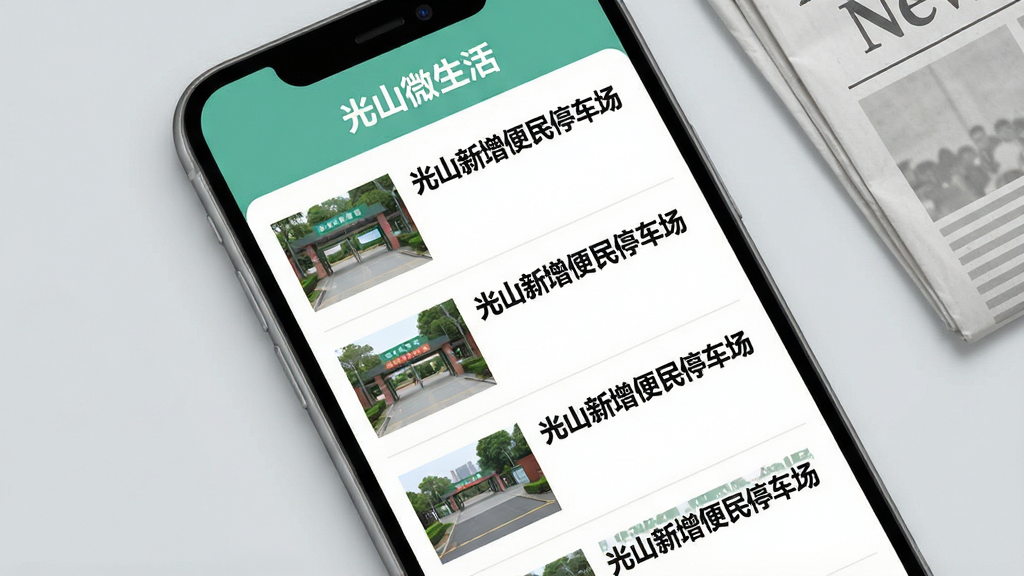 主体:手机屏幕展示“光山微生活”新闻资讯列表,每条新闻有缩略图和标题。布局:手机斜放,背景为浅灰色,搭配新闻报纸元素。排版:列表式布局,标题加粗,缩略图在左侧。风格:写实与扁平结合,色调清新。细节:屏幕上方显示“光山微生活”字样,新闻标题如“光山新增便民停车场”。画质:干净,无多余元素。