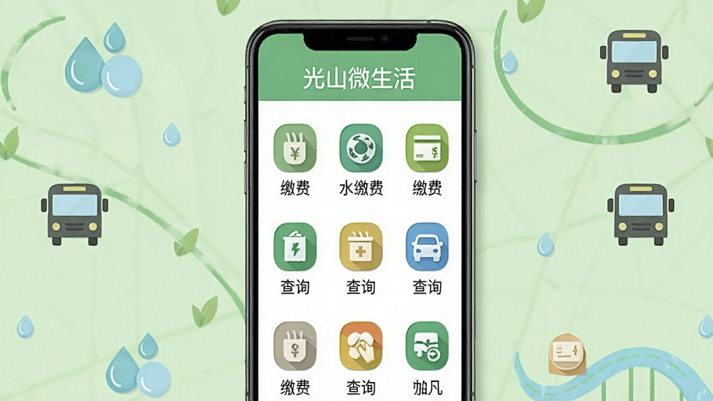 主体:手机屏幕展示“光山微生活”便民服务功能页,包含水电缴费、公交查询等图标。布局:手机正放,背景为淡绿色,周围有水滴、公交车等小图标。排版:图标网格排列,每个图标下配有文字。风格:清新自然,色彩和谐。细节:屏幕顶部显示“光山微生活”,图标下方有“缴费”“查询”字样。画质:干净,无多余元素。