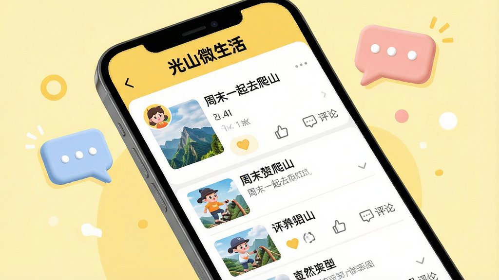 主体:手机屏幕展示“光山微生活”社区讨论区,有用户头像和帖子列表。布局:手机斜放,背景为淡黄色,搭配对话气泡元素。排版:帖子列表带缩略图,下方有点赞和评论图标。风格:活泼可爱,色彩明亮。细节:屏幕顶部有“光山微生活”字样,帖子标题如“周末一起去爬山”。画质:干净,无多余元素。