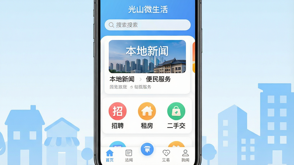 主体:智能手机屏幕展示“光山微生活”主界面,界面顶部有搜索栏,中部显示新闻资讯卡片、同城服务图标(如招聘、租房、二手交易),底部导航栏清晰。布局:手机居中,背景为淡蓝色渐变,周围有简约的社区建筑剪影。排版:界面元素整齐排列,图标圆润,文字清晰。风格:扁平化设计,色彩明亮,现代感强。细节:屏幕上显示“光山微生活”字样,卡片上有简短文字“本地新闻”“便民服务”。画质:高清,干净,无多余元素。