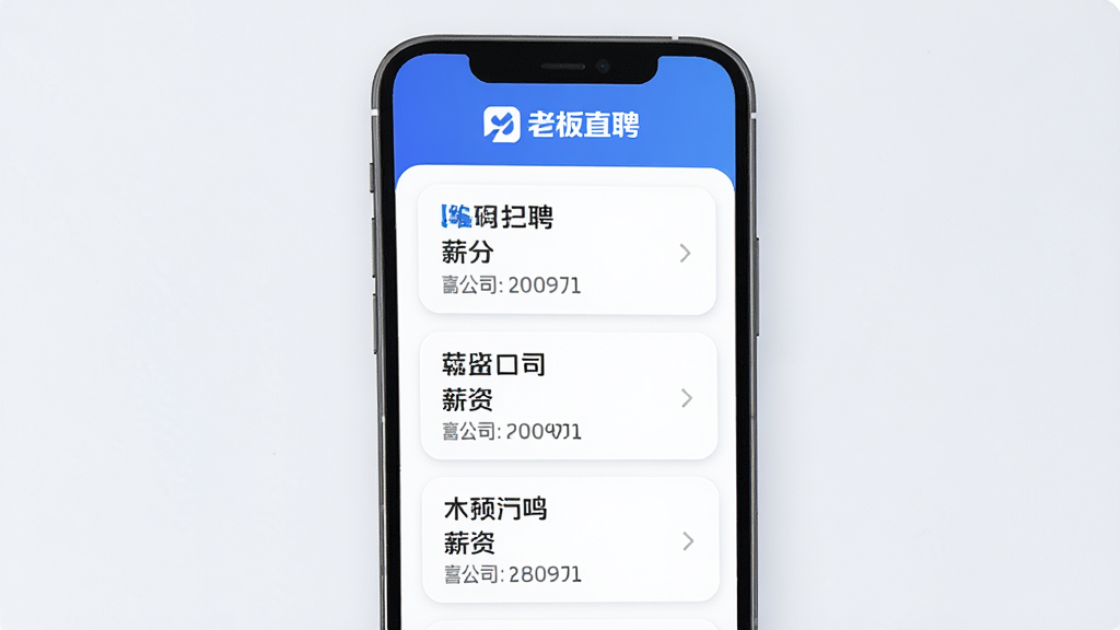 老板直聘手机APP界面展示,主体为智能手机屏幕上的招聘列表,布局清晰,上方显示“老板直聘”品牌logo,列表中有多个岗位卡片,包含职位名称、薪资、公司信息,风格简洁现代,蓝色主色调,细节圆润,画质高清,干净无多余元素。