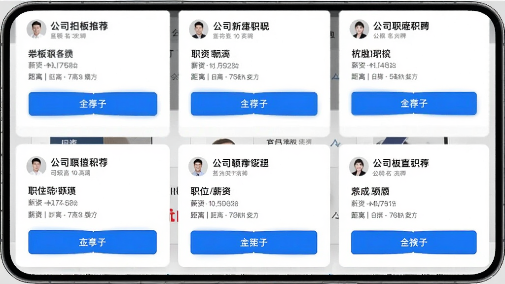 老板直聘岗位推荐页面截图,主体为手机屏幕上的推荐职位列表,布局整齐,每张卡片显示公司名称、职位、薪资、距离,风格简约,蓝色高亮按钮,细节清晰,画质高清,干净无多余元素。