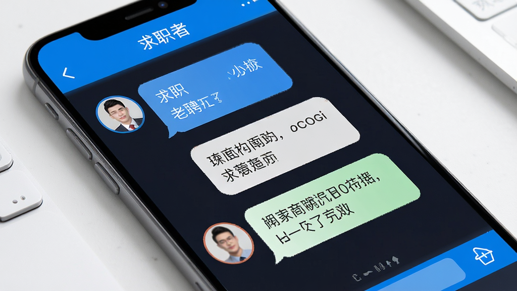 老板直聘APP聊天界面预览,主体为手机聊天屏幕,对话双方头像清晰,一方为求职者,一方为老板,文字气泡清晰可见,布局简洁,风格商务,蓝色点缀,细节丰富,画质高清,干净无多余元素。