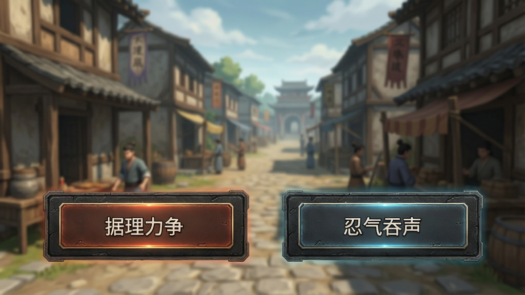 主体为游戏《开局我很惨》的剧情抉择界面,画面展示两个并排的对话选项框,背景是模糊的古代城镇街道。布局上选项框位于画面下方居中,风格为UI界面截图风格,细节上突出按钮的质感与高亮边框,画质为4K清晰,干净无多余元素。界面中选项文字显示为“据理力争”与“忍气吞声”。