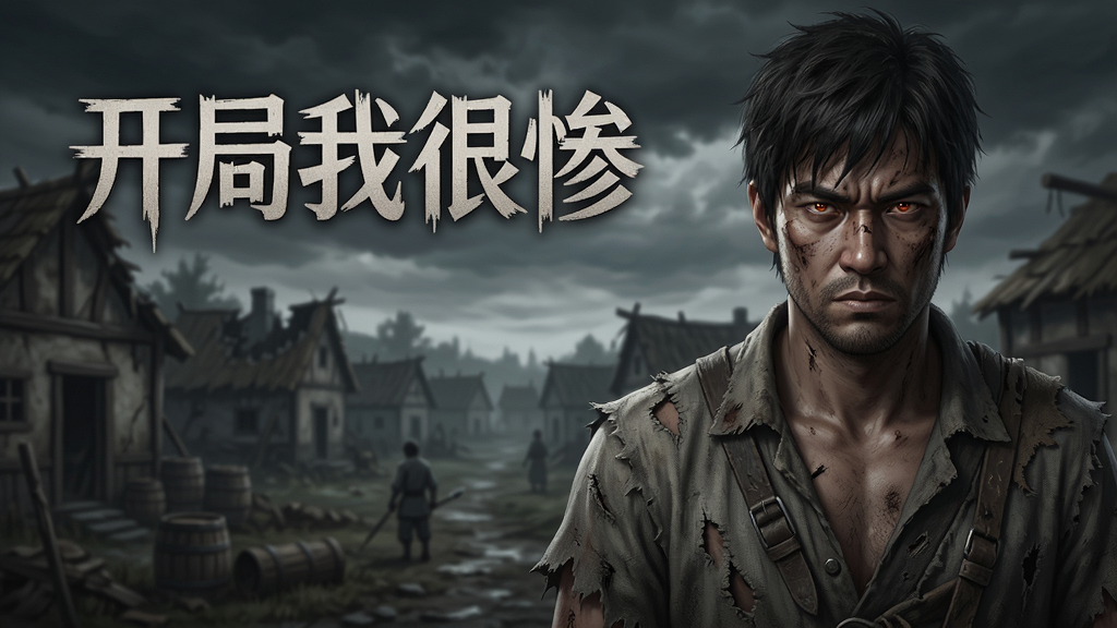 主体为游戏《开局我很惨》的主视觉图,画面中央是衣衫褴褛但眼神坚毅的主角,背景是破败的村庄与阴沉的天空,整体布局采用黄金分割,主角位于右侧三分之一处。风格为写实暗黑系游戏原画,细节上突出布料破损纹理与人物面部沧桑感,画质为8K高清,干净无多余元素。图片中不带任何文字。