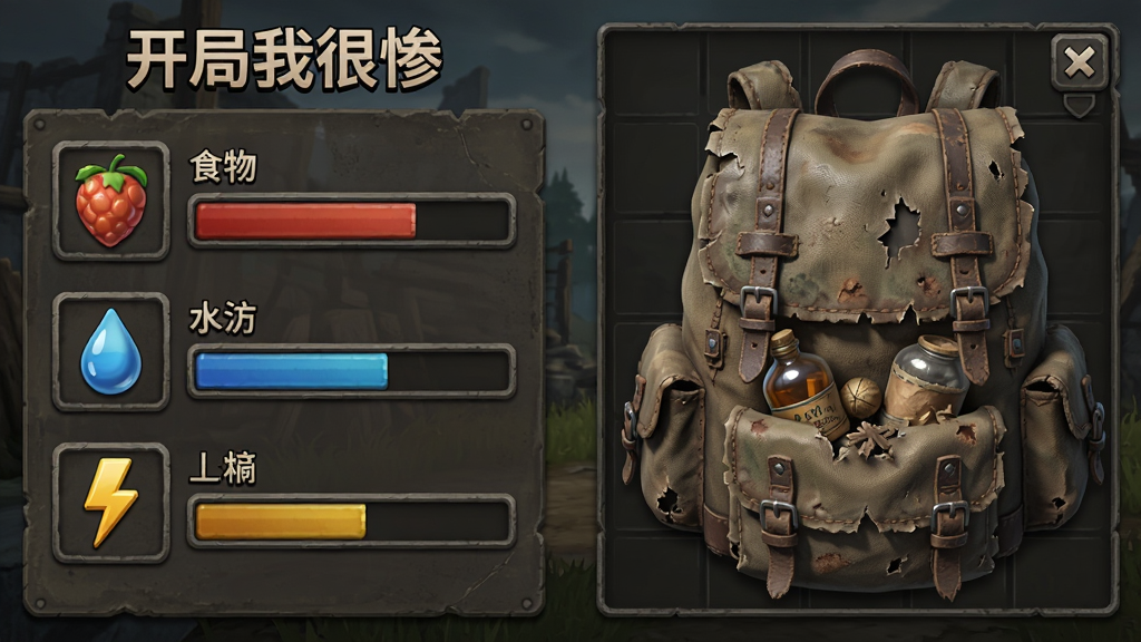 主体为游戏《开局我很惨》的生存界面,画面左侧显示人物状态栏,包含食物、水分、体力图标,右侧是破旧的背包界面。布局为左右分栏,风格为游戏UI界面写实风,细节上突出图标的立体感和背包内物品的材质,画质为高清,干净无多余元素。图片中不出现任何文字。