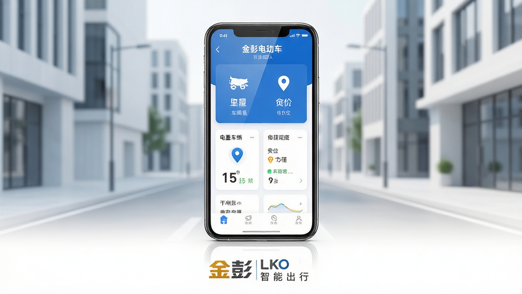 主体:金彭电动车智能管理APP界面展示,手机屏幕内显示车辆电量、里程、定位等核心信息,背景为简约现代的城市街道。布局:手机居中,屏幕内容清晰可见,周围留白,下方配以“金彭”品牌Logo和“智能出行”字样。排版:界面UI设计简洁,信息层级分明,采用卡片式布局。风格:科技感,扁平化设计,蓝白主色调。细节:高精度渲染,屏幕反光自然,图标精致,文字清晰。画质:8K超清,干净,无多余元素。