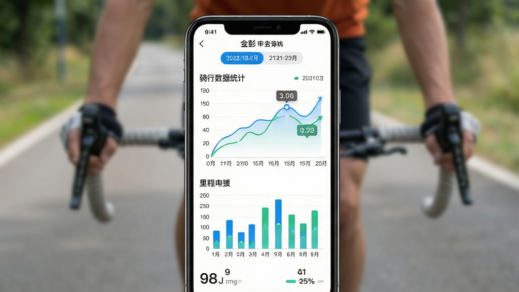主体:金彭APP骑行数据统计界面,手机屏幕上显示折线图、柱状图和里程数据,背景为模糊的户外骑行道路。布局:手机居中,数据图表占据屏幕主要区域,顶部有日期切换标签。排版:图表配色清新,数据标签清晰。风格:简约现代,白色背景,蓝色与绿色数据线条。细节:图表线条流畅,数据点有高亮显示。画质:超清,干净,无多余元素。