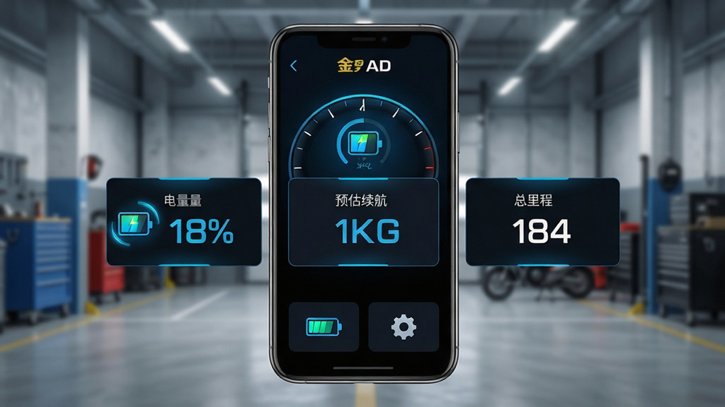 主体:金彭APP车辆状态监控功能界面,手机屏幕上显示电量百分比、预估续航、总里程等数据卡片,背景为模糊化的车库场景。布局:手机位于画面中央,UI界面以仪表盘风格呈现,数据醒目。排版:数据卡片横向排列,底部为电池图标和齿轮图标。风格:深色模式,科技蓝与黑色搭配,数字化视觉效果。细节:电量图标有动态光效,数字字体清晰,界面无多余元素。画质:超清,干净,无多余元素。