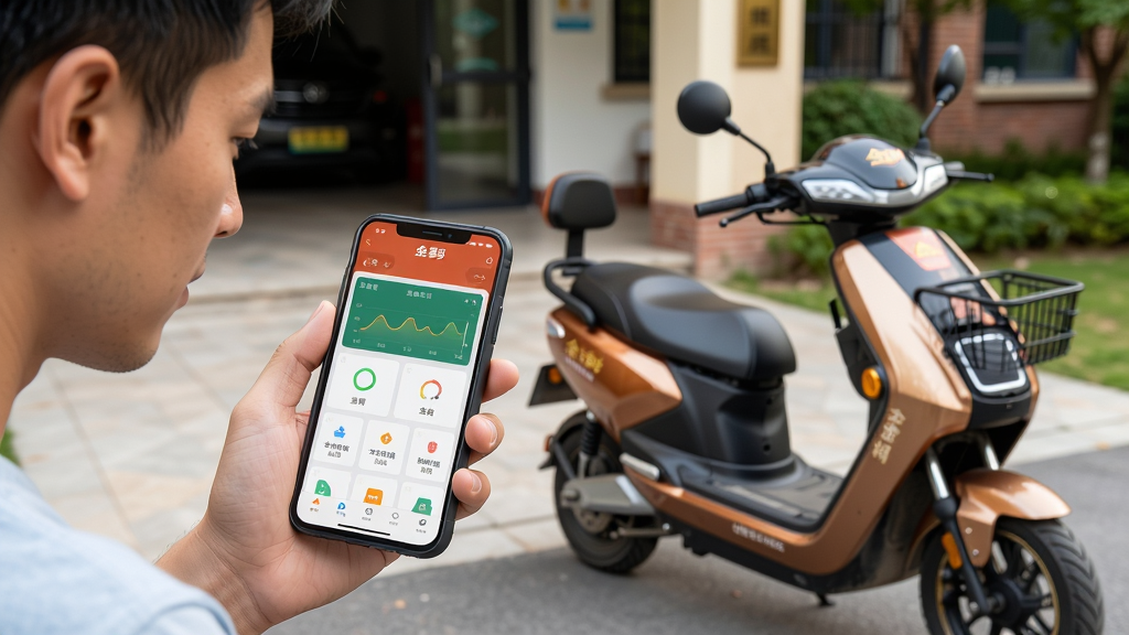 主体:金彭APP使用场景图,一位用户手持手机查看车辆状态,旁边停放着一辆金彭电动车,背景为小区楼下。布局:人物位于左侧,手机屏幕显示APP界面,车辆位于右侧,画面平衡。排版:整体采用三分法构图。风格:写实生活照片风格,自然光,色彩明亮。细节:用户表情专注,手机屏幕清晰可见,车辆细节丰富。画质:高清,干净,无多余元素。