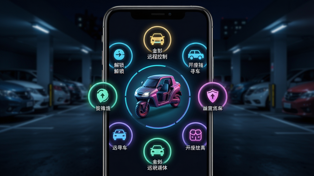 主体:金彭APP远程控制功能操作界面,手机屏幕上显示解锁、寻车、开座桶等圆形功能按钮,背景为夜晚的停车场。布局:手机居中,功能按钮以环形排列,中心为车辆图标。排版:按钮图标简洁清晰,文字标签位于图标下方。风格:科技感,霓虹色调,暗色背景衬托发光效果。细节:按钮有微光晕效果,车辆图标立体感强。画质:高清,干净,无多余元素。