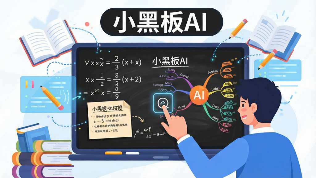 一幅展示小黑板AI核心功能的场景图,画面中央是一个虚拟的智能黑板,黑板上显示着数学公式、文字笔记和彩色思维导图,一位学生模样的人用手指点击黑板上的图标,周围环绕着书本、铅笔和发光的数据流,整体风格明亮现代,采用扁平化插画风格,细节丰富,画质干净,无多余元素,黑板上方用中文写着“小黑板AI”字样。