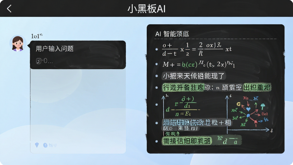 一张小黑板AI智能问答功能的界面截图风格预览图,左侧是用户输入问题的对话框,右侧是AI给出的分点式答案,答案中包含公式、图表和重点高亮,背景为淡蓝色渐变,整体UI设计简洁清爽,突出对话感和智能感,画质干净,无多余元素,界面顶部显示“小黑板AI”字样。